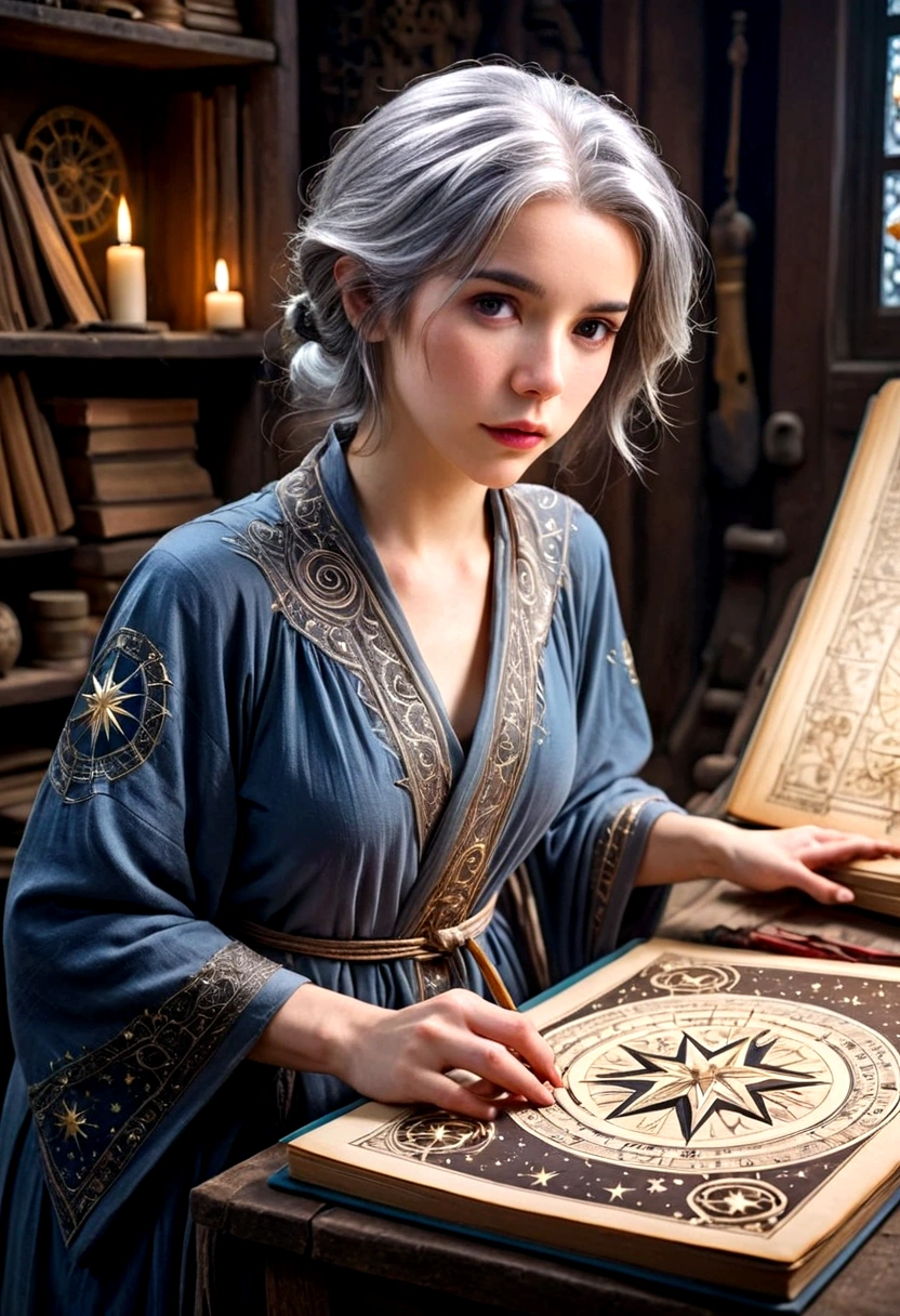 A cute young woman (gray haired) (mystical robes with intricate star designs) is in her workshop with many star observation tools and a huge tome of astrological signs before her