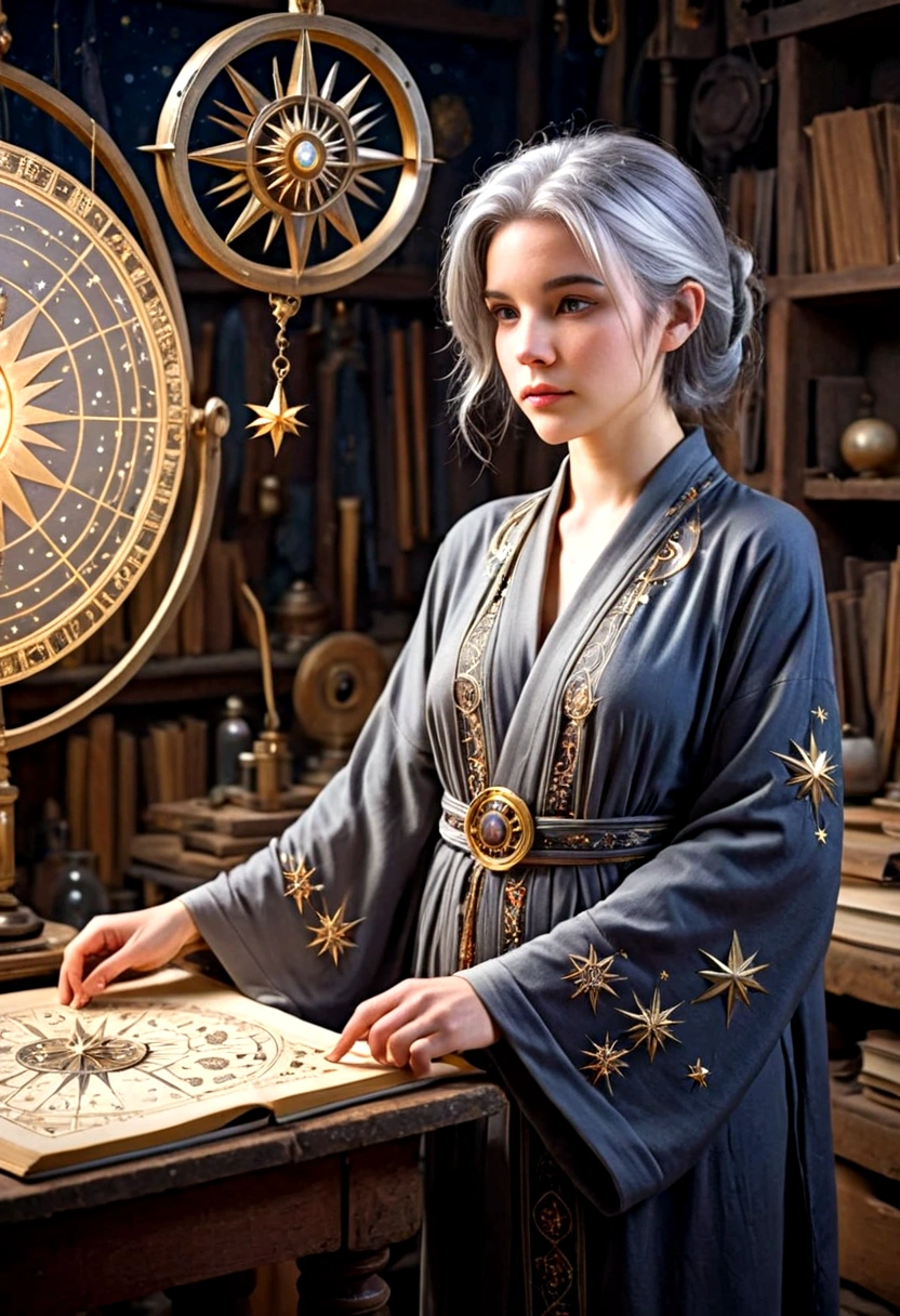 A cute young woman (gray haired) (mystical robes with intricate star designs) is in her workshop with many star observation tools and a huge tome of astrological signs before her
