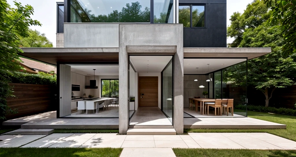 The house has simple and neat architecture, boxy, with sophisticated and modern lines. Construction materials such as brick, concrete, glass and metal are widely used to create a modern and shiny appearance.
The front of the house often has large windows or glass walls to maximize natural brightness and views to the outside. The doors are designed spaciously and can open to the garden or front porch, creating an open and airy living space.
The interior often has an open design, with the living space, kitchen and dining room connected to each other in a reasonable and convenient way. Use simple materials and furniture such as natural wood, steel and glass, combined with elegant colors such as white, gray and black to create elegant and modern beauty.
The exterior of the house is often planted with trees for cooling and beauty, and also helps reduce noise from the urban environment. This design often creates harmony between modern living space and the requirements of city life.
