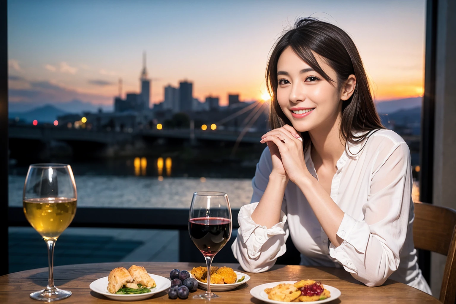 ((Highest quality、、masterpiece:1.3))、1 male、1 female、37 years old 39 years old、Slim Beauty、Beautiful couple、Upper Body、smile、 (Slim face), (the body is スリム), (Brown Hair), (Shortcuts), テーブルのフルコースディナーとwine glass、Amazing view of the sunset sky and clouds、smileの美しさ、Wine bottle、sparkling wine、Long sleeve shirt、dress、White wine, red wine, wine glass, Beautiful fine grain, Depth f/2,saturation, High Contrast, Strong light and shadow,Moist Body:1.5、3D texture、The hair is very shiny、