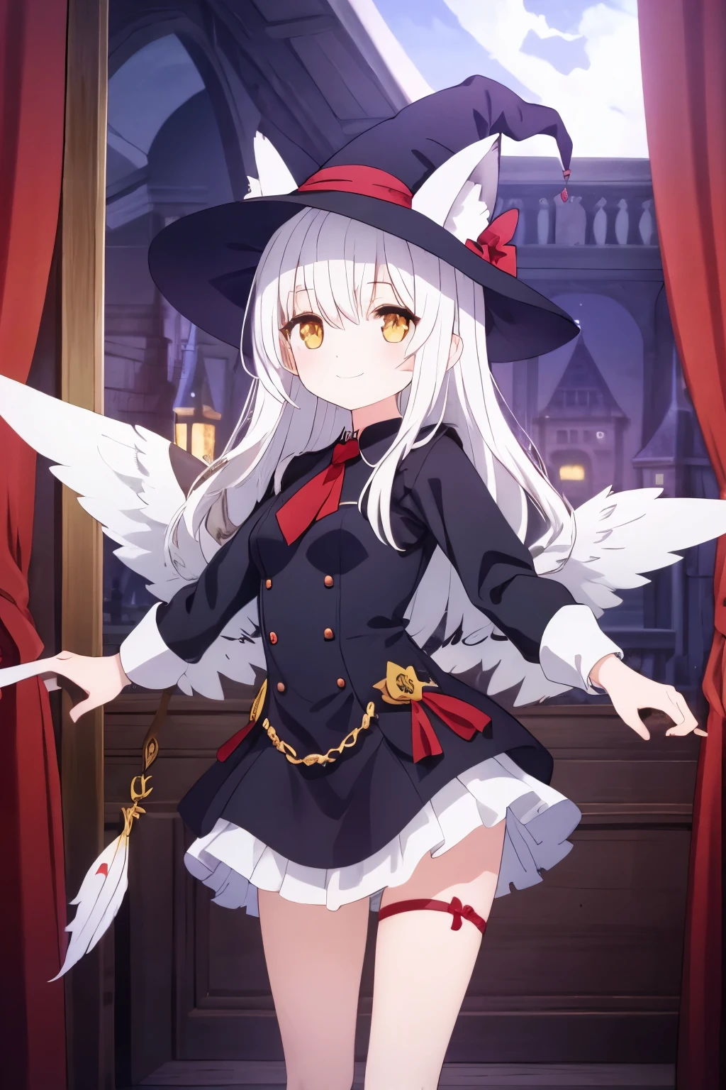 Tattoo,Succubus,Witch Hat,Fox ears,(owl wings:5),Feather wings,Bird of prey,White hair,Golden Eyes,Smile,castle