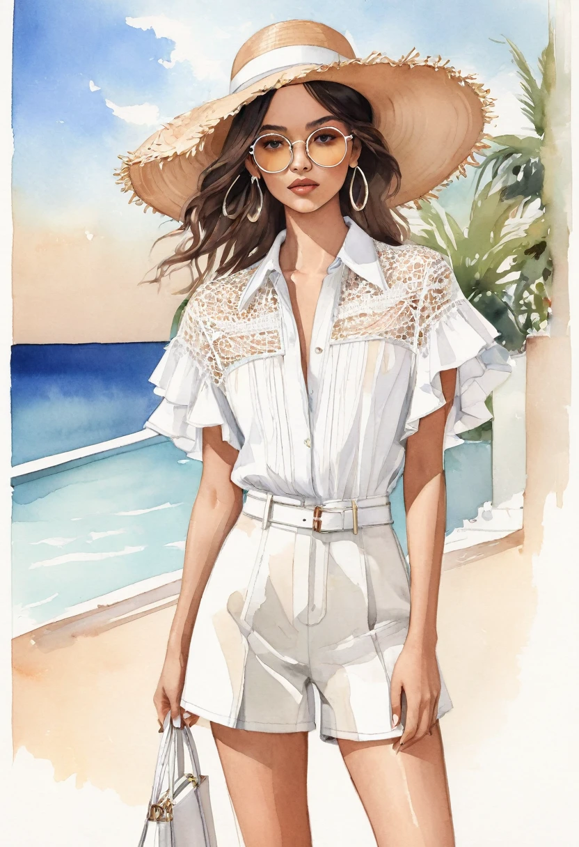 candid fashion illustration of young Mixed race man and woman, both aged 25 year old, ((showcase fashion look book in pale Earth tone outfits)), inspired by Jacquemus's resort collection 2022, in elegant young chic bohemian style. The man wears an oversized short-sleeved stripe shirt lace details, paired with relaxed-fit white Wide Leg short pants, comfortable and a classic silhouette. He completes his look with white sneakers and round glasses. The woman complements him in a white mini sun-dress, in cotton woven fabric frill-trimmed neckline with minimal lace detail, Her ensemble includes an accessorizes with a wide-brimmed straw hat, white sneakers, Captured in a dynamic angle, ((full-body image)), ((imperfect pale water color background)), sketching, realistic drawing, imperfect water color drawing, fashion look book, fashion illustrator, sketch design, Chic Boho, water color palette,