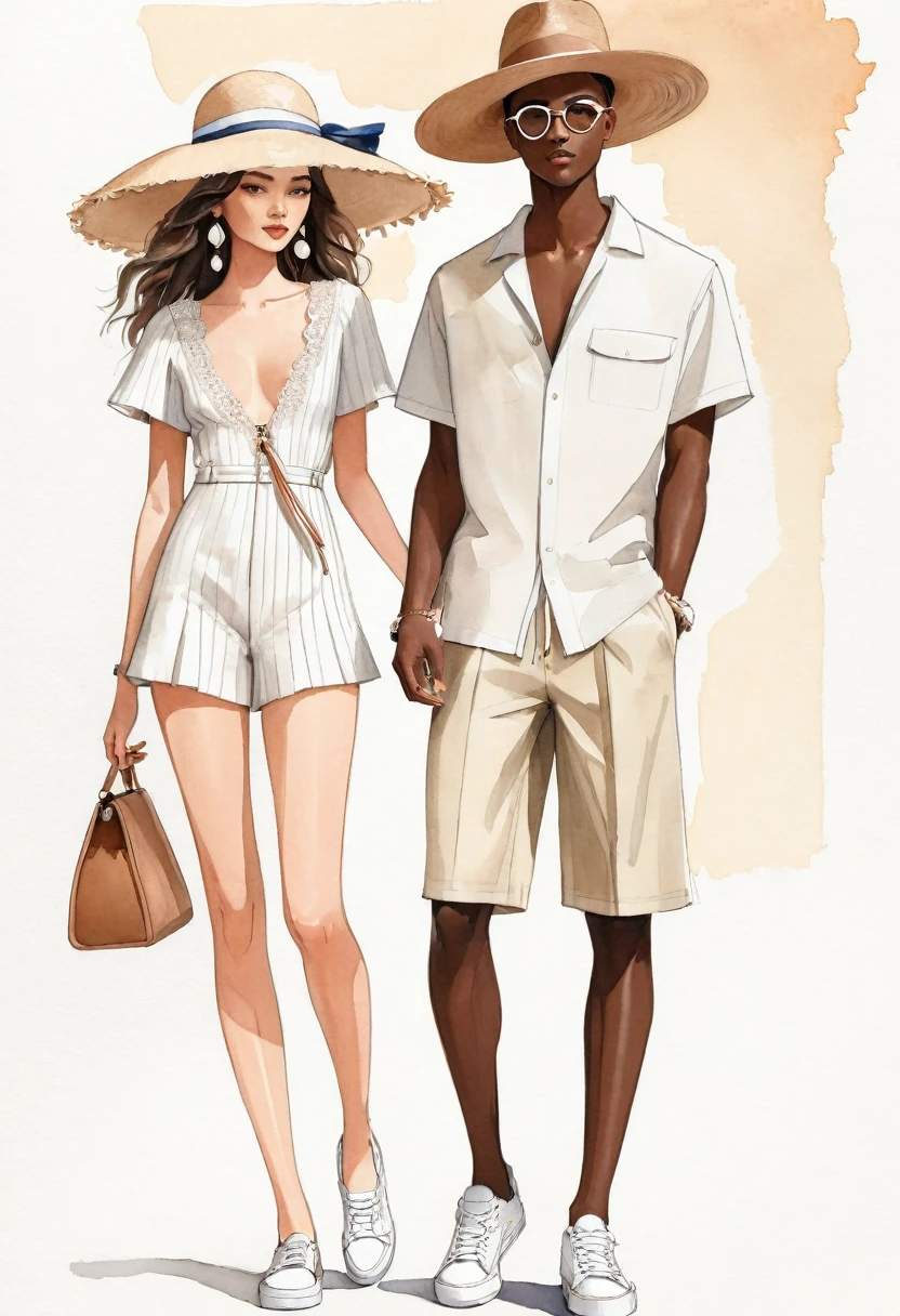 candid fashion illustration of young Mixed race man and woman, both aged 25 year old, ((showcase fashion look book in pale Earth tone outfits)), inspired by Jacquemus's resort collection 2022, in elegant young chic bohemian style. The man wears an oversized short-sleeved stripe shirt lace details, paired with relaxed-fit white Wide Leg short pants, comfortable and a classic silhouette. He completes his look with white sneakers and round glasses. The woman complements him in a white mini sun-dress, in cotton woven fabric frill-trimmed neckline with minimal lace detail, Her ensemble includes an accessorizes with a wide-brimmed straw hat, white sneakers, Captured in a dynamic angle, ((full-body image)), ((imperfect pale water color background)), sketching, realistic drawing, imperfect water color drawing, fashion look book, fashion illustrator, sketch design, Chic Boho, water color palette,