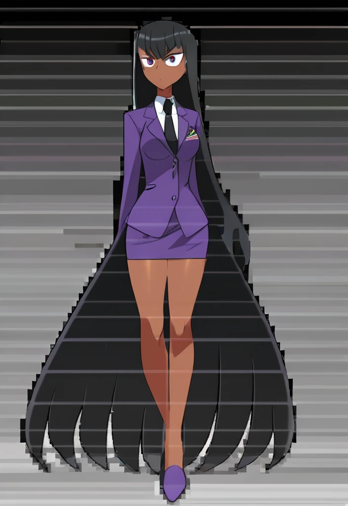 Make a evil military black anime woman in a purple skirt suit witha tie on full body