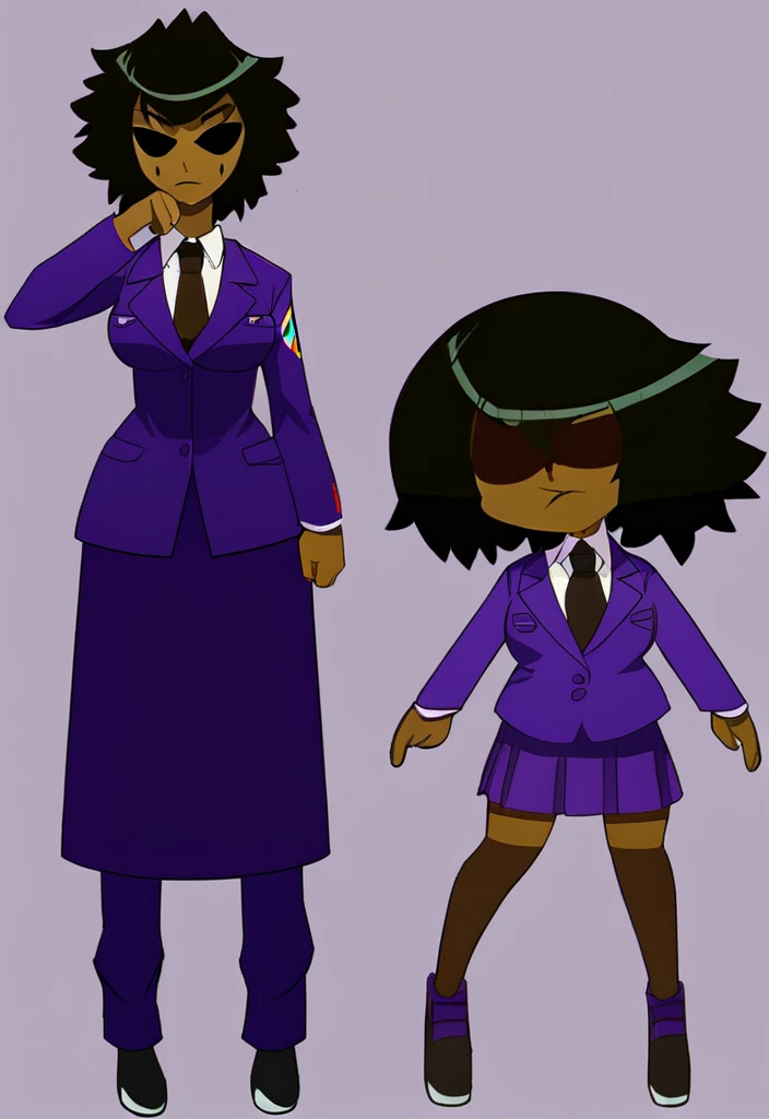 Make a evil military black anime woman in a purple skirt suit witha tie on full body 