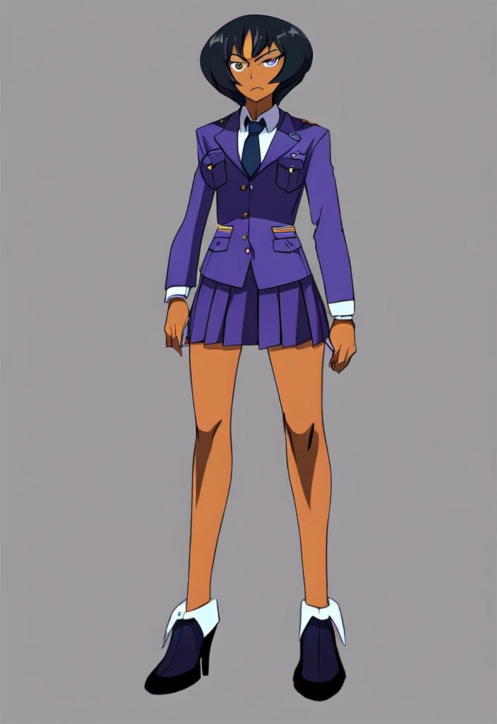 Make a evil military black anime woman in a purple skirt suit witha tie on full body