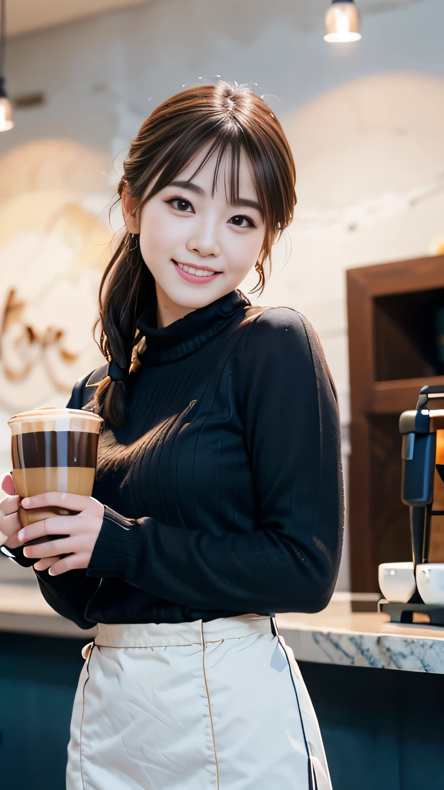 Japanese ID ,((cute ,Baby Face:1.2)),(8K, RAW Photos, Very detailedな, Highest quality:1.2), (Realistic, Photorealistic:1.4), (Very detailed, Ultra-high resolution ,beautiful, Tabletop:1.2), ,Very detailed顔と目,Shiny skin,(Upper Body:1.Professional Lighting,Soft Light, Sharp focus, Written boundary depth,ponytail,smile ,Earrings, (sweater :1.3),Bokeh,( A modern, minimalist cafe with white walls and sleek black furniture, wall abstract art, A barista expertly brews coffee behind a shiny espresso machine. :1.3)