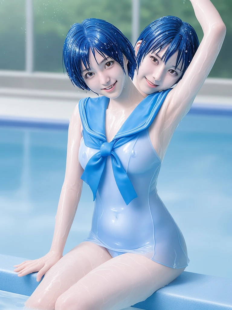 8k, japanese, High School girl,1 person, solo, age 16, Sailor Mercury, A cosplay that is wet and transparent,Wet blue short hair, Wet arms,Wet legs,Wet Face, pose, Highest quality, wet poolside, smile
