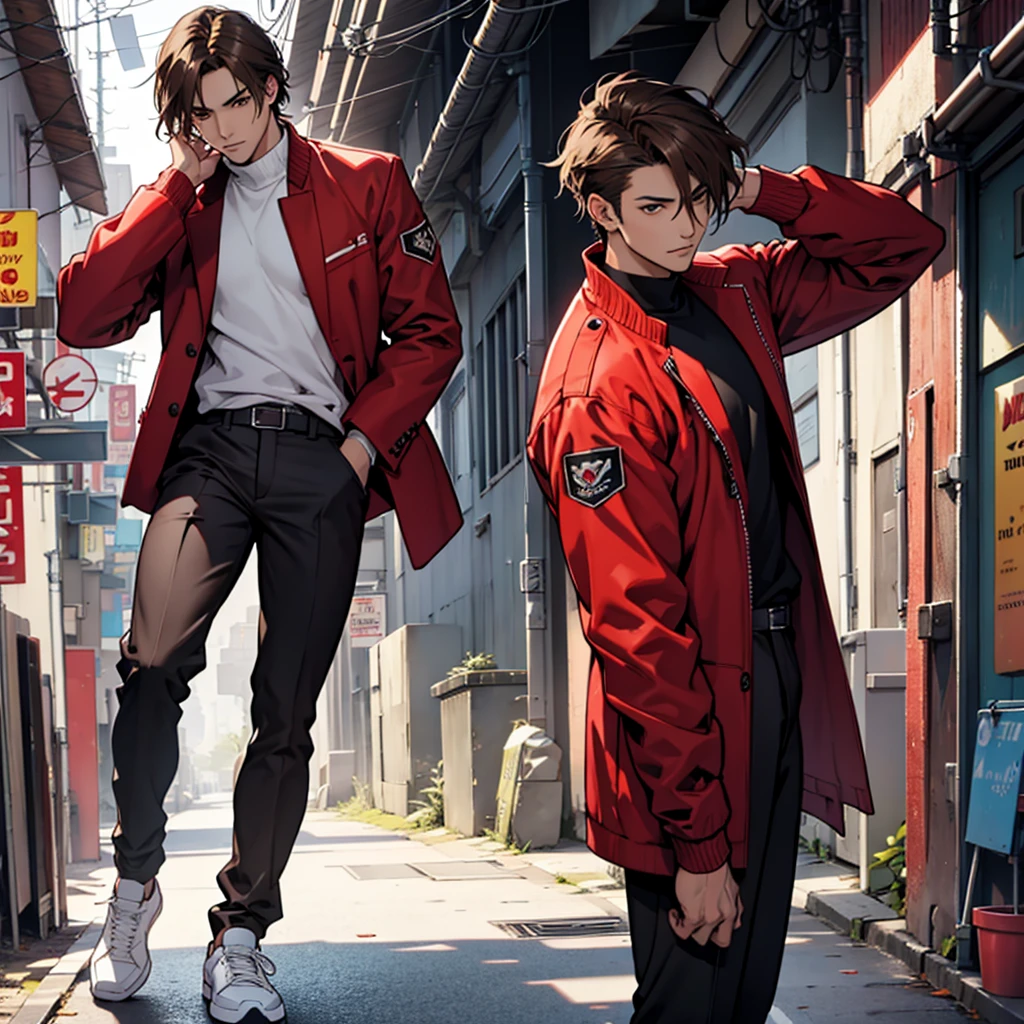 Create a comic slender brown male character with almost straight and pointy hair with brown eyes wearing a red outfit and black pants and a white jacket with white shoes 