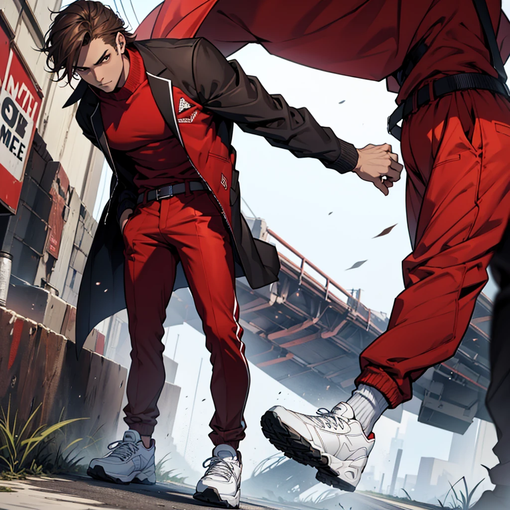 Create a comic slender brown male character with almost straight and pointy hair with brown eyes wearing a red outfit and black pants and a white jacket with white shoes 