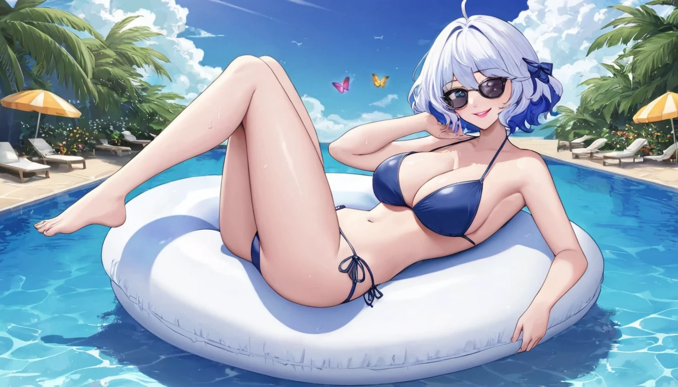 best aesthetic, Furina, 1girl, solo, breasts, looking at viewer, smile, bangs, very large breasts, really huge butt, big butt, swimsuit, cleavage, pink lipstick, kiss marks, outdoors, sky, day, bikini, cloud, tree, water, pedal, blue sky, dark blue bikini, pink pool float, inflatable butterfly wings, beach ball, sunglasses, palm tree, beachball, beach umbrella, ocean waves, a beautiful young woman wearing a dark blue bikini, lounging on a pool float in a sparkling blue pool. She is surrounded by tropical flowers and palm trees, and the scene is set against a backdrop of a bright blue sky with fluffy white clouds. The woman's pose is sexy and seductive as she floats in the pool, enjoying the sunshine. The colorful flowers, pool float, and her bold dark blue bikini all contribute to the fun, summery vibe. The overall atmosphere is cheerful and lighthearted, capturing the essence of a perfect poolside day.