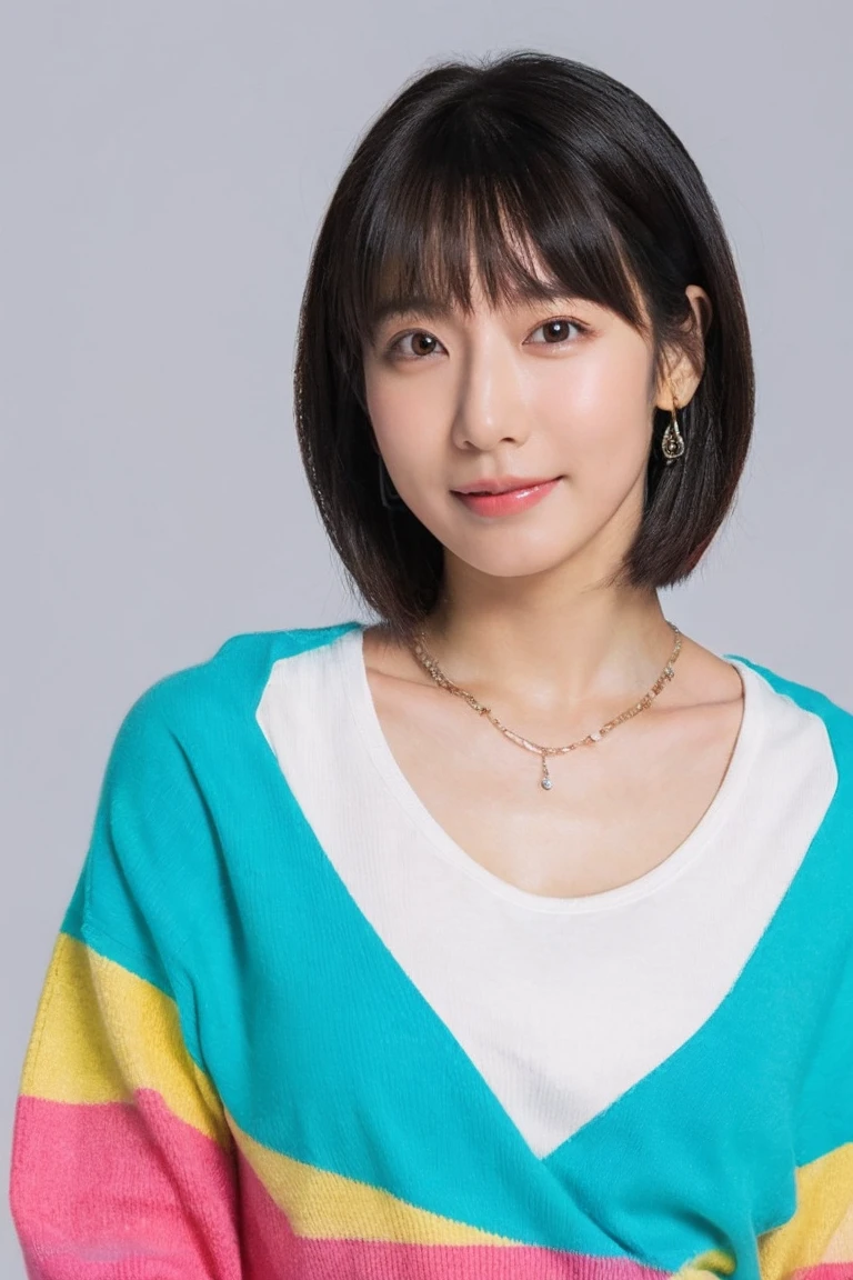 (Highest quality, 8K, 32k, masterpiece, Ultra-high resolution:1.2),Beautiful Japanese Women Photos, Rainbow clothes、Rainbow hoodie、Large Breasts, Very short bob hair,Gray Hair, necklace, Simple Background, From above, View your viewers,White Hair、White background、Colorful clothing、whole body、whole bodyのポートレート、piece