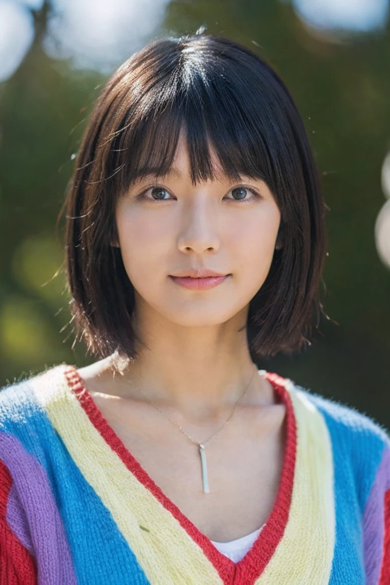 (Highest quality, 8K, 32k, masterpiece, Ultra-high resolution:1.2),Beautiful Japanese Women Photos, Rainbow clothes、Rainbow hoodie、Large Breasts, Very short bob hair,Gray Hair, necklace, Simple Background, From above, View your viewers,White Hair、White background、Colorful clothing、whole body、whole bodyのポートレート、piece