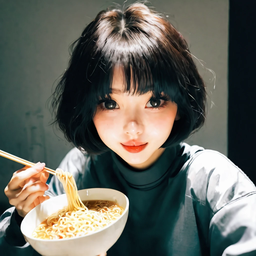 A girl with short hair and bangs is eating instant noodles