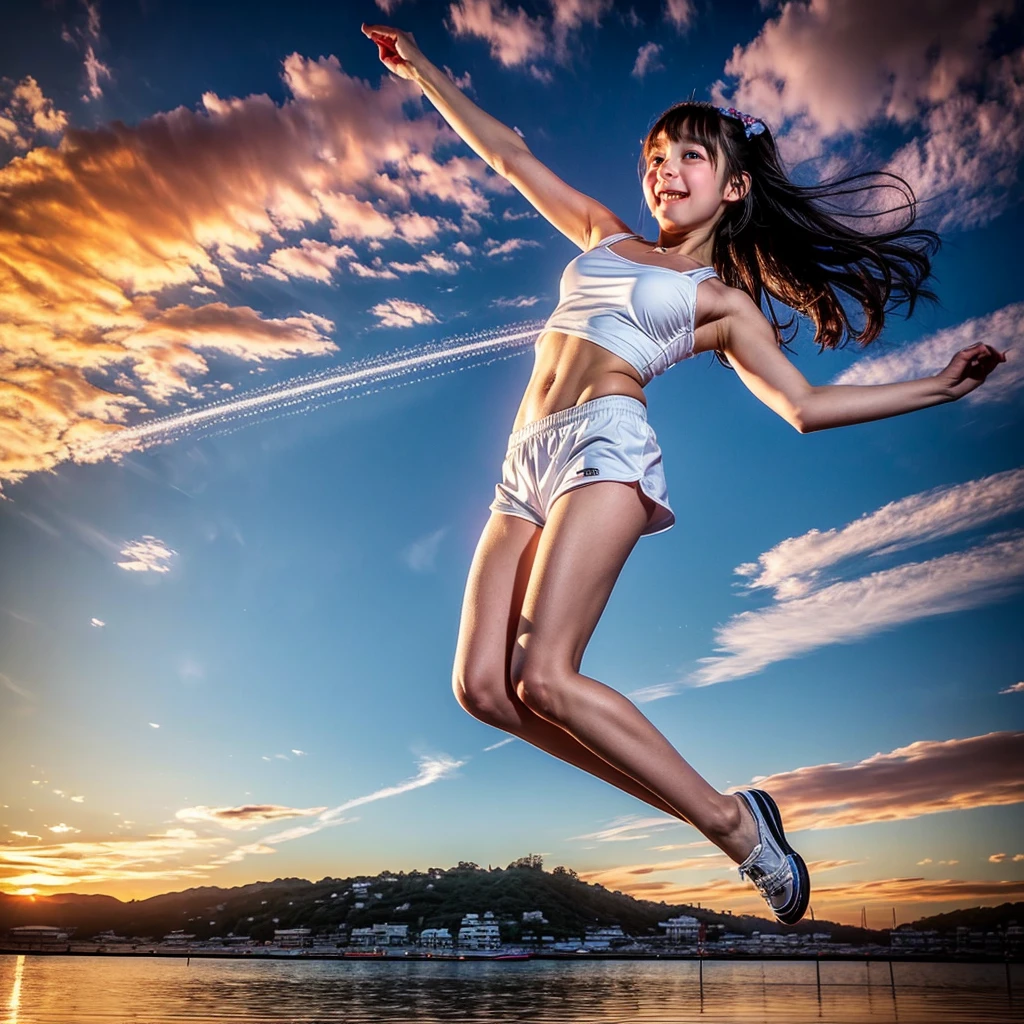 ((ExtremelyDetailed ( KAWAII Girl Floating in the Air:1.37) in WHITE at Dusk Enoshima Beach)), (masterpiece 8K TopQuality) (ProfessionalPhoto:1.37), {(Standing Full Body:1.2)|(from below:1.2)}, Different types of hair colors, {(White skinny(School Swimwear))|(SchoolUniform with WhiteSkinny LowRise shorts)}, {Detailed Childish hand|Hidden hand|Armpit|Different types of breasts of various sizes from HUGE to FLAT|(Clearly Visible the shape of Butt)}, Joyful Expressions LifeLike Rendering, PerfectLighting, Dazzling Horizon, (Starry IridescentParticles) ColorfulClouds