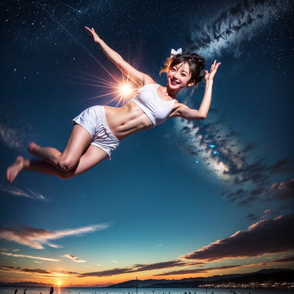 ((ExtremelyDetailed ( KAWAII Girl Floating in the Air:1.37) in WHITE at Dusk Enoshima Beach)), (masterpiece 8K TopQuality) (ProfessionalPhoto:1.37), {(Standing Full Body:1.2)|(from below:1.2)}, Different types of hair colors, {(White skinny(School Swimwear))|(SchoolUniform with WhiteSkinny LowRise shorts)}, {Detailed Childish hand|Hidden hand|Armpit|Different types of breasts of various sizes from HUGE to FLAT|(Clearly Visible the shape of Butt)}, Joyful Expressions LifeLike Rendering, PerfectLighting, Dazzling Horizon, (Starry IridescentParticles) ColorfulClouds