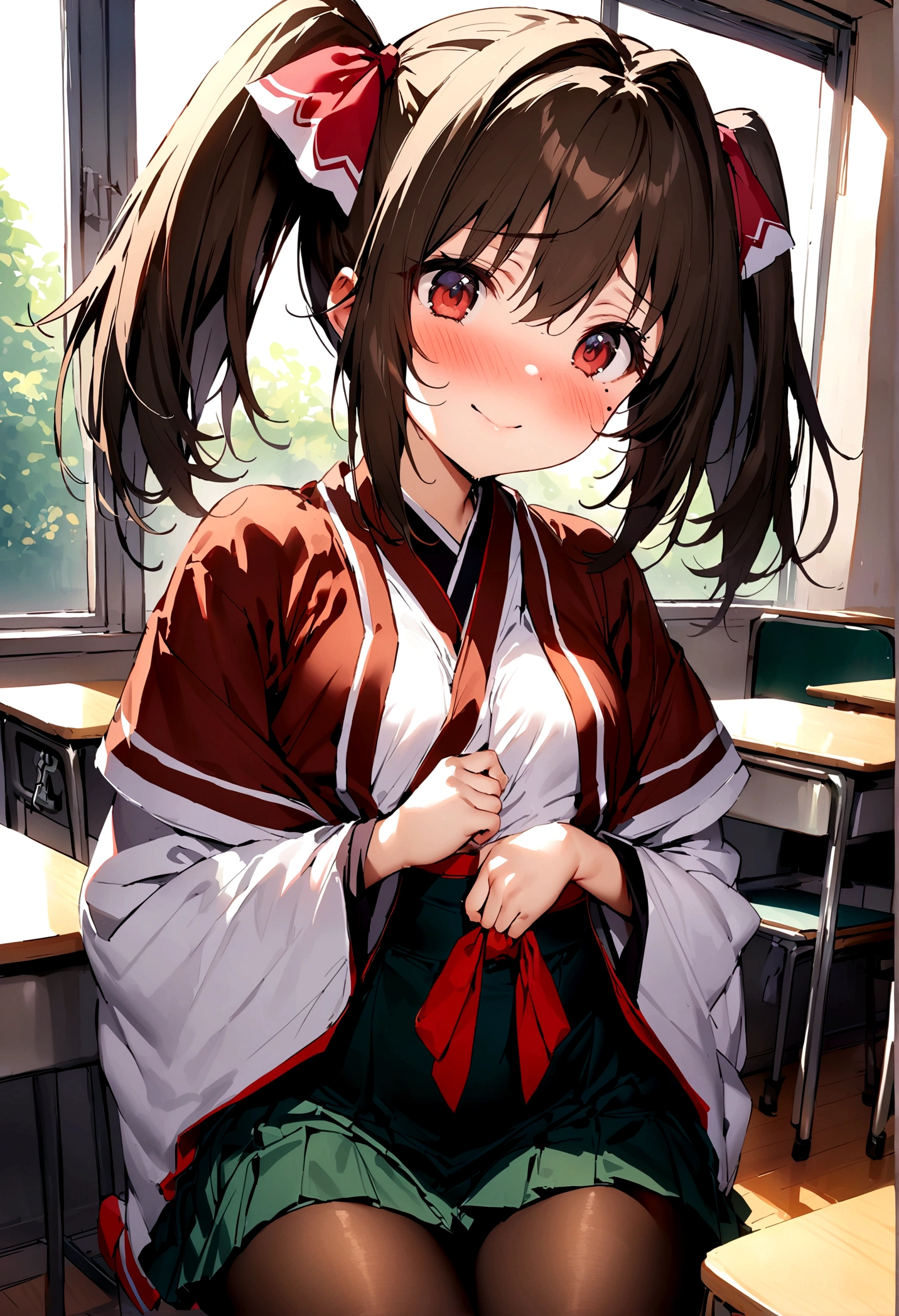 NSFW,masterpiece,Highest quality,High resolution,Super detailed,nekone \(utawarerumono\),Brown Hair、（Red Eye：1.3）、ribbon、Animal Ears、Twin tails、ヘアribbon、Mole、目の下のMole,Small breasts,uniform,kimono,mini skirt,white silk panties,pantyhose,Embarrassed,blush,Expecting face,Seduce,smile,School,classroom,Being spoiled