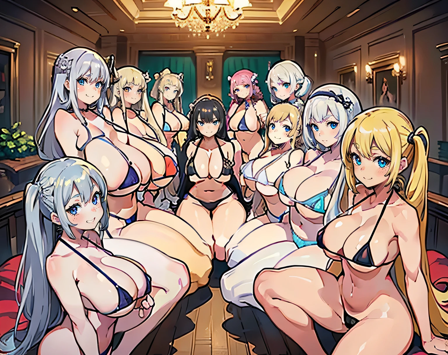 (masterpiece), Highest quality, (10 Girls, Group photo:1.4), Beautiful body, ((Huge breasts))),(Long chest),(Saggy breasts))))), (White skin)), Blonde, Silver Hair, Twin tails, Braid, amount, ((Hunchback)), (Priming Face))), (Grinning face)),(Put your hands behind your back), ((Micro Bikini)), (Bedroom),