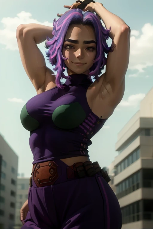 1girl, short hair, purple hair, multicolored hair, purple eyes,.masterpiece, best quality, photorealistic, yujiasuit, yoga sports bra, yoga pants, 1girl, solo, , yoga ball, pants, looking at viewer, smile, green sports bra, simple background, , midriff, long hair, breasts, green pants, sportswear, tank top, upper body, arms up, armpits visible