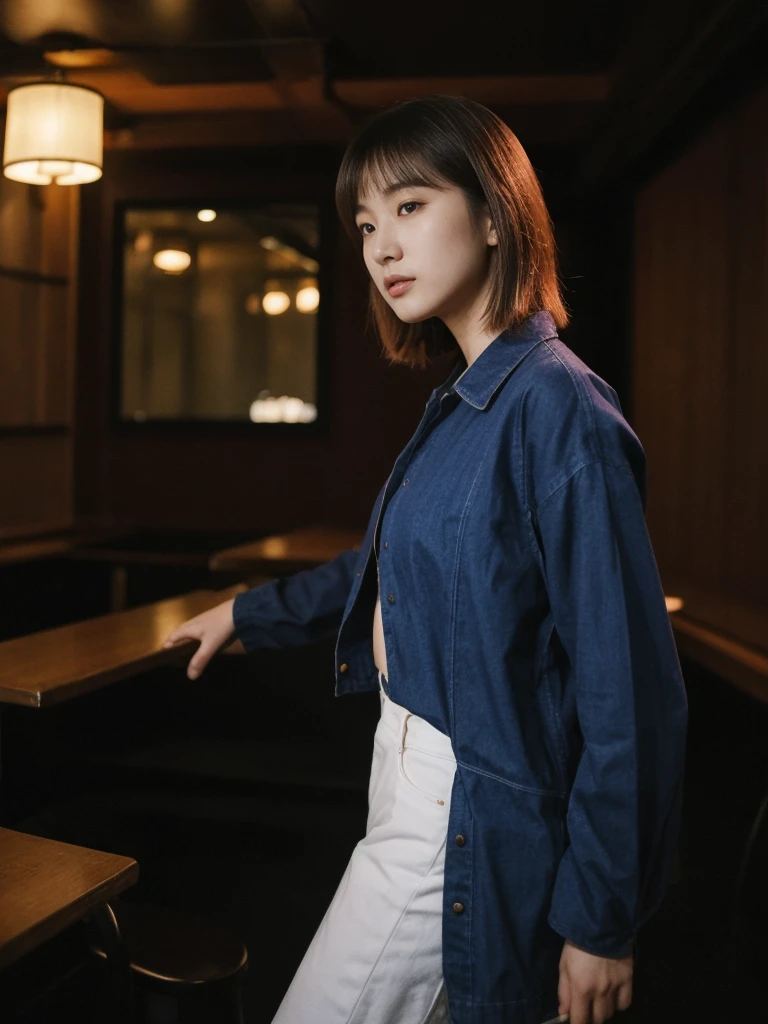her name is Asako, high quality, 1girl, ((20-year-old fit Caucasian woman)), ((20 years old)), ((slim)), ((Korean Short Bob)), pose: standing, wearing Contemporary Generation-Z modern wear different colored, BACKGROUND:"Inside a jazz club in Greenwich Village, with dim lighting and live music creating a cozy atmosphere."
