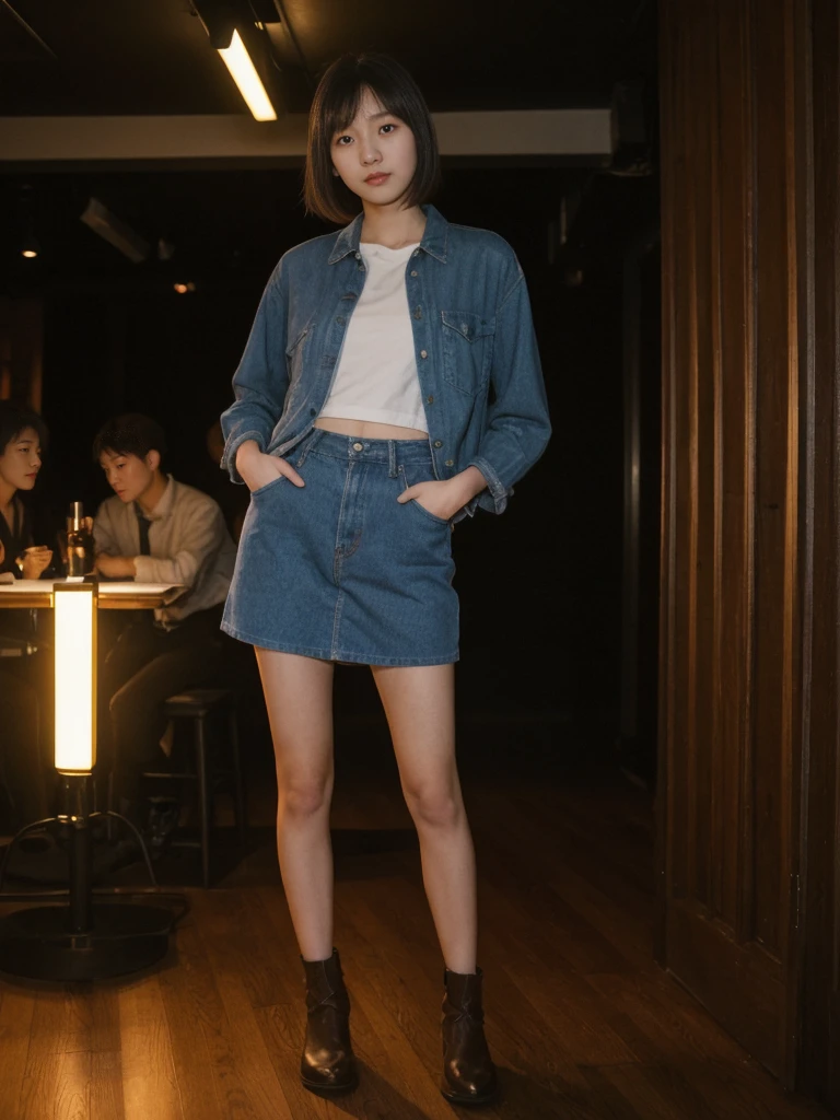 her name is Asako, high quality, 1girl, ((20-year-old fit Caucasian woman)), ((20 years old)), ((slim)), ((Korean Short Bob)), pose: standing, wearing Contemporary Generation-Z modern wear different colored, BACKGROUND:"Inside a jazz club in Greenwich Village, with dim lighting and live music creating a cozy atmosphere."
