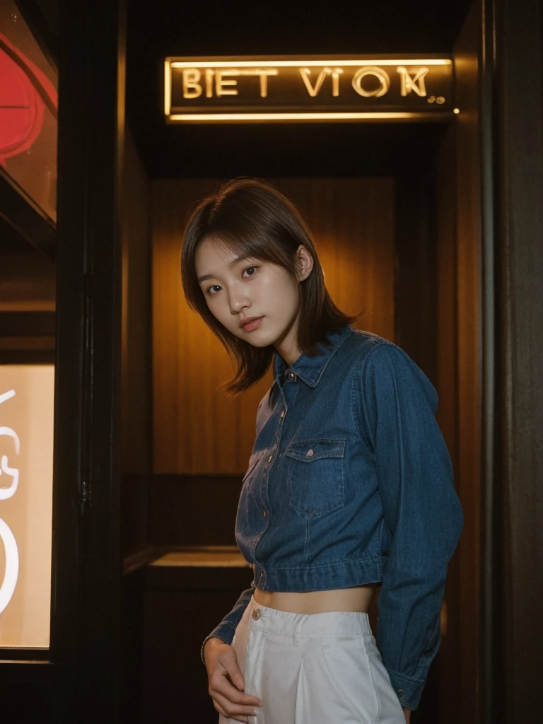 her name is Asako, high quality, 1girl, ((20-year-old fit Caucasian woman)), ((20 years old)), ((slim)), ((Korean Short Bob)), pose: standing, wearing Contemporary Generation-Z modern wear different colored, BACKGROUND:"Inside a jazz club in Greenwich Village, with dim lighting and live music creating a cozy atmosphere."