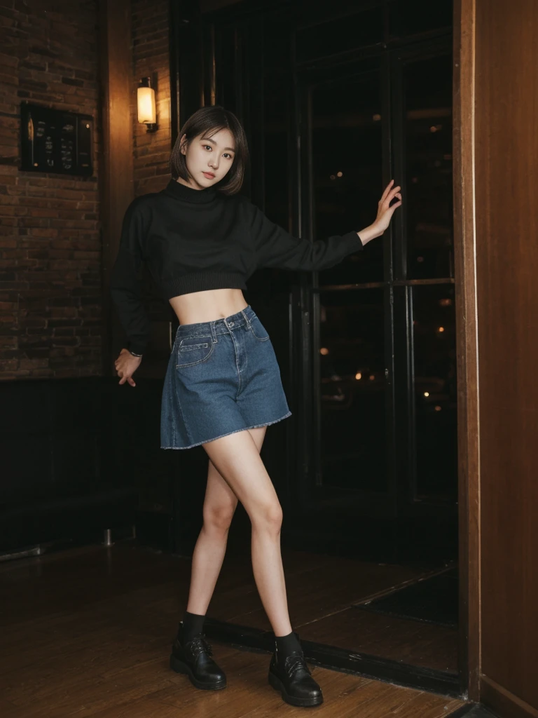 her name is Asako, high quality, 1girl, ((20-year-old fit Caucasian woman)), ((20 years old)), ((slim)), ((Korean Short Bob)), pose: standing, wearing Contemporary Generation-Z modern wear different colored, BACKGROUND:"Inside a jazz club in Greenwich Village, with dim lighting and live music creating a cozy atmosphere."