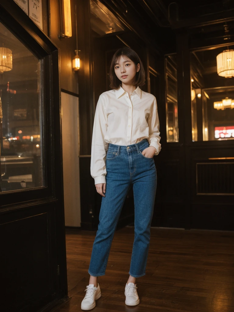 her name is Asako, high quality, 1girl, ((20-year-old fit Caucasian woman)), ((20 years old)), ((slim)), ((Korean Short Bob)), pose: standing, wearing Contemporary Generation-Z modern wear different colored, BACKGROUND:"Inside a jazz club in Greenwich Village, with dim lighting and live music creating a cozy atmosphere."