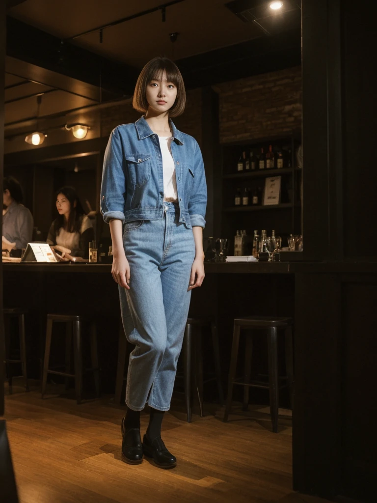 her name is Asako, high quality, 1girl, ((20-year-old fit Caucasian woman)), ((20 years old)), ((slim)), ((Korean Short Bob)), pose: standing, wearing Contemporary Generation-Z modern wear different colored, BACKGROUND:"Inside a jazz club in Greenwich Village, with dim lighting and live music creating a cozy atmosphere."