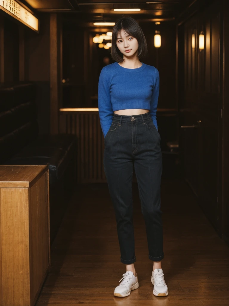 her name is Asako, high quality, 1girl, ((20-year-old fit Caucasian woman)), ((20 years old)), ((slim)), ((Korean Short Bob)), pose: standing, wearing Contemporary Generation-Z modern wear different colored, BACKGROUND:"Inside a jazz club in Greenwich Village, with dim lighting and live music creating a cozy atmosphere."
