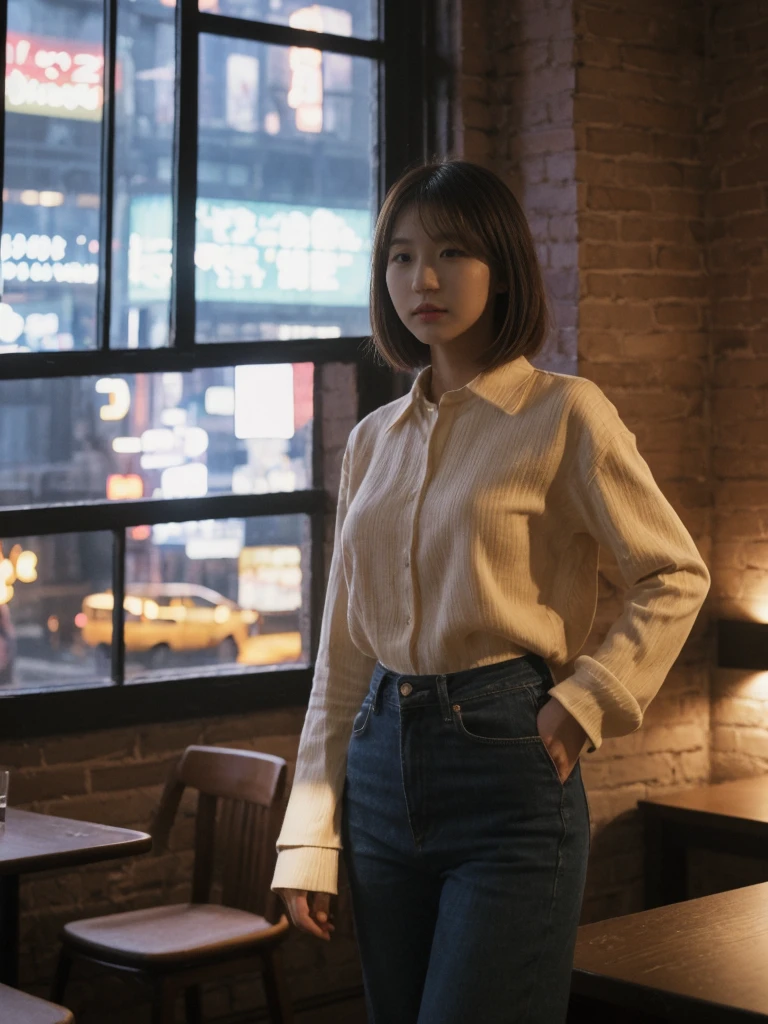 her name is Asako, high quality, 1girl, ((20-year-old fit Caucasian woman)), ((20 years old)), ((slim)), ((Korean Short Bob)), pose: standing, wearing Contemporary Generation-Z modern wear different colored, BACKGROUND:"Inside a jazz club in Greenwich Village, with dim lighting and live music creating a cozy atmosphere."