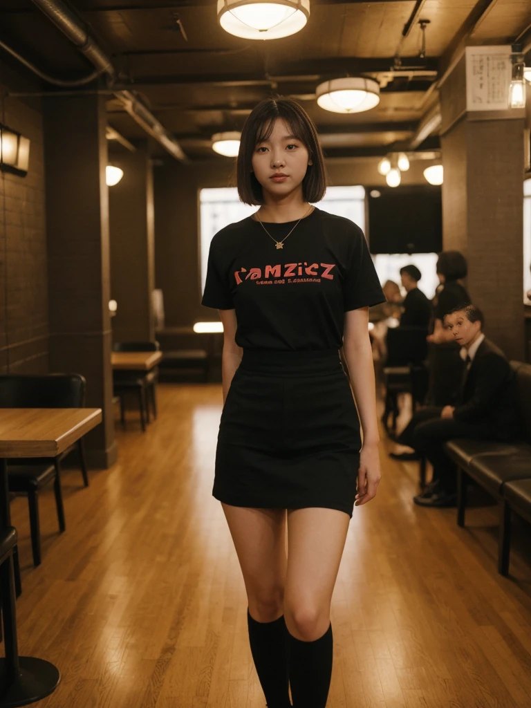 her name is Asako, high quality, 1girl, ((20-year-old fit Caucasian woman)), ((20 years old)), ((slim)), ((Korean Short Bob)), pose: standing, wearing Contemporary Generation-Z modern wear different colored, BACKGROUND:"Inside a jazz club in Greenwich Village, with dim lighting and live music creating a cozy atmosphere."