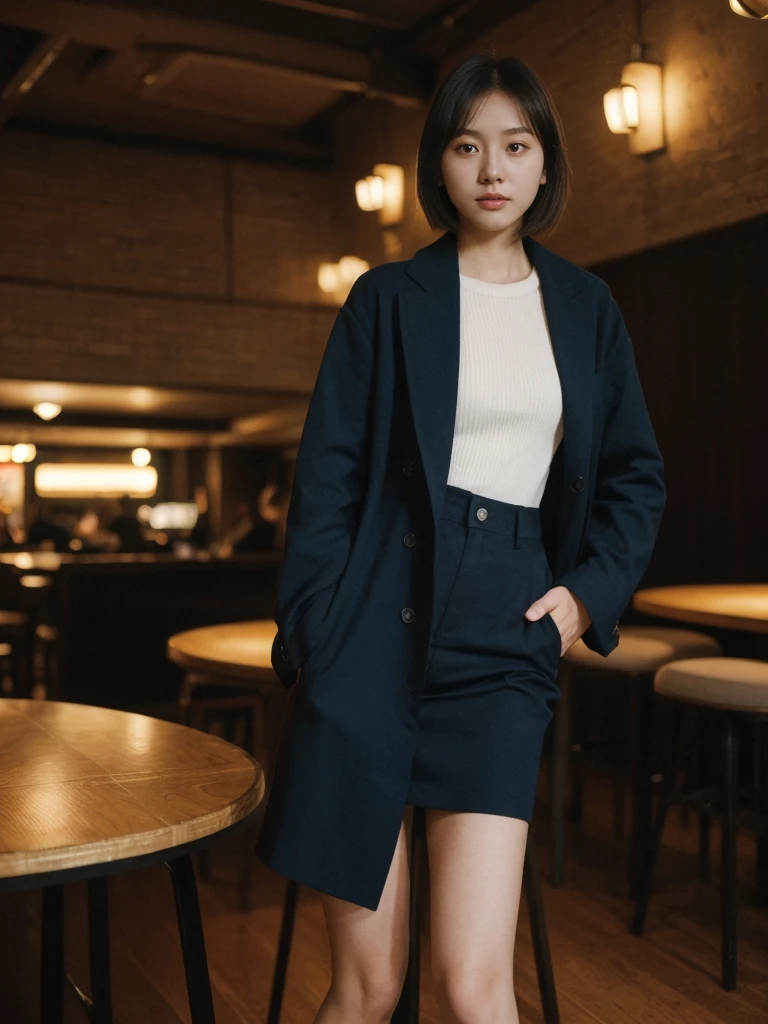 her name is Asako, high quality, 1girl, ((20-year-old fit Caucasian woman)), ((20 years old)), ((slim)), ((Korean Short Bob)), pose: standing, wearing Contemporary Generation-Z modern wear different colored, BACKGROUND:"Inside a jazz club in Greenwich Village, with dim lighting and live music creating a cozy atmosphere."