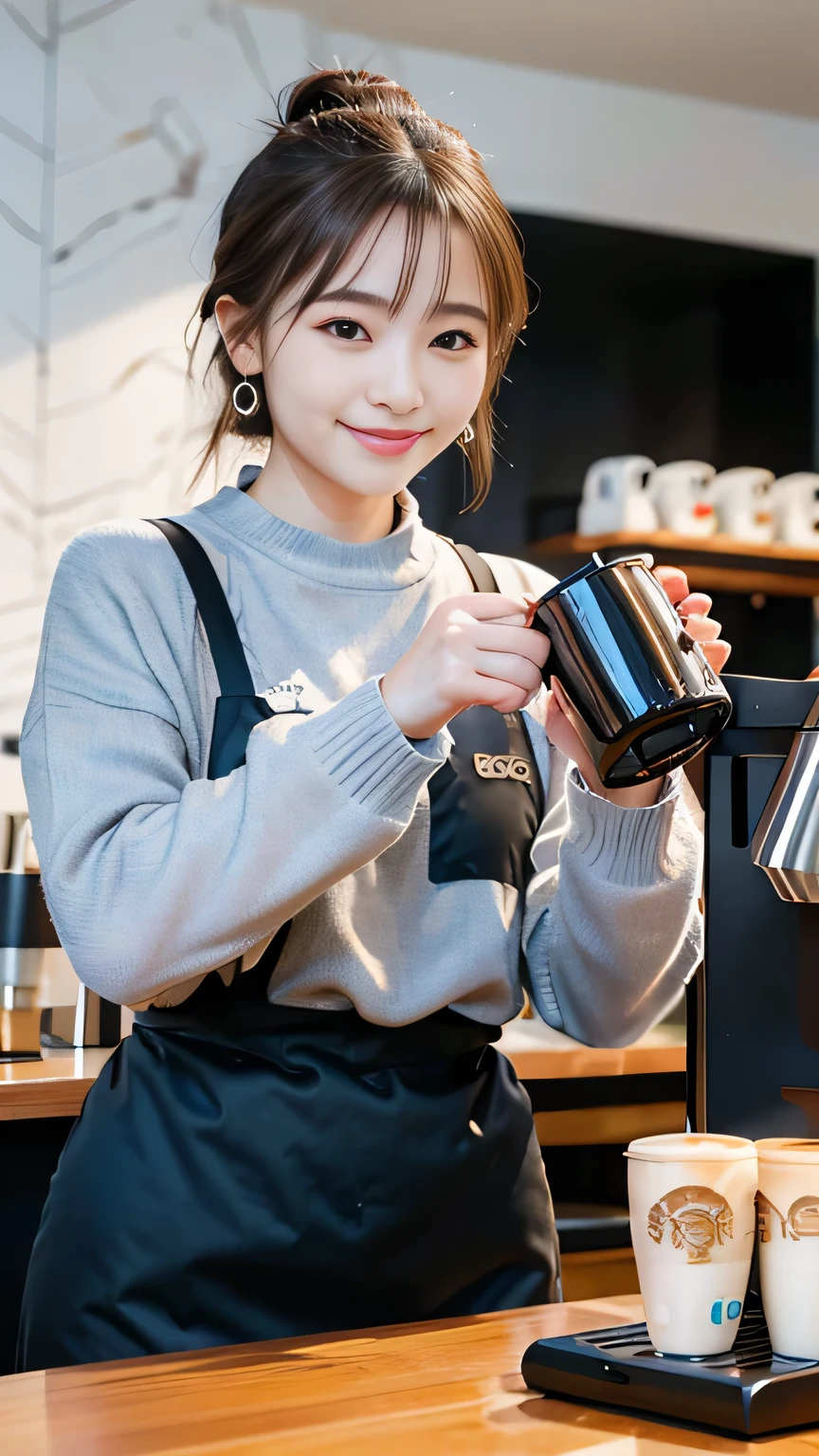 Japanese ID ,((cute ,:1.2)),(8K, RAW Photos, Very detailedな, Highest quality:1.2), (Realistic, Photorealistic:1.4), (Very detailed, Ultra-high resolution ,beautiful, Tabletop:1.2), ,Very detailed顔と目,Shiny skin,(Upper Body:1.Professional Lighting,Soft Light, Sharp focus, Written boundary depth,ponytail,smile ,Earrings, (sweater :1.3),Bokeh,( A modern, minimalist cafe with white walls and sleek black furniture, wall abstract art, A barista expertly brews coffee behind a shiny espresso machine. :1.3)