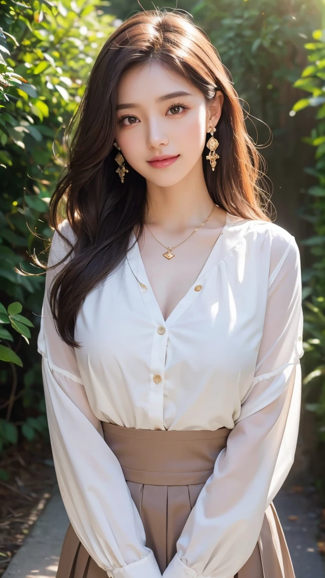 height: 170cm:1.5, 27 years old、Maintain this face and pose image:1.5、(big, length, double eyelid)、Pale face and brown eyes:1.3、非常に痩せたPale face and brown eyes:1.3, {RAW shooting、, Highest quality}, {{masterpiece}}, {Very delicate and beautiful}, Excellent light and shadow, Highly detailed wallpaper, Sunny and bright sunlight, whole body, whole body、 girl, , blush:1.2、Strong sunlight, Delicate hair,Realistic skin texture, B cup breasts、valley, Fresh, like々Fresh skin, Wrinkles on the skin., Broad shoulders:1.4, ((A strong light shines on your face:1.5)), :1.5, necklace、ring、Earrings、Toothy smile:1,5、smile:1.5, Ray Tracing, Sexy and seductive gestures、white long sleeve button up blouse_brown pleated mini skirt、gold necklace＿Large earrings、Super long brown hair,Hair with loose waves inside、Hair reaching down to the waist