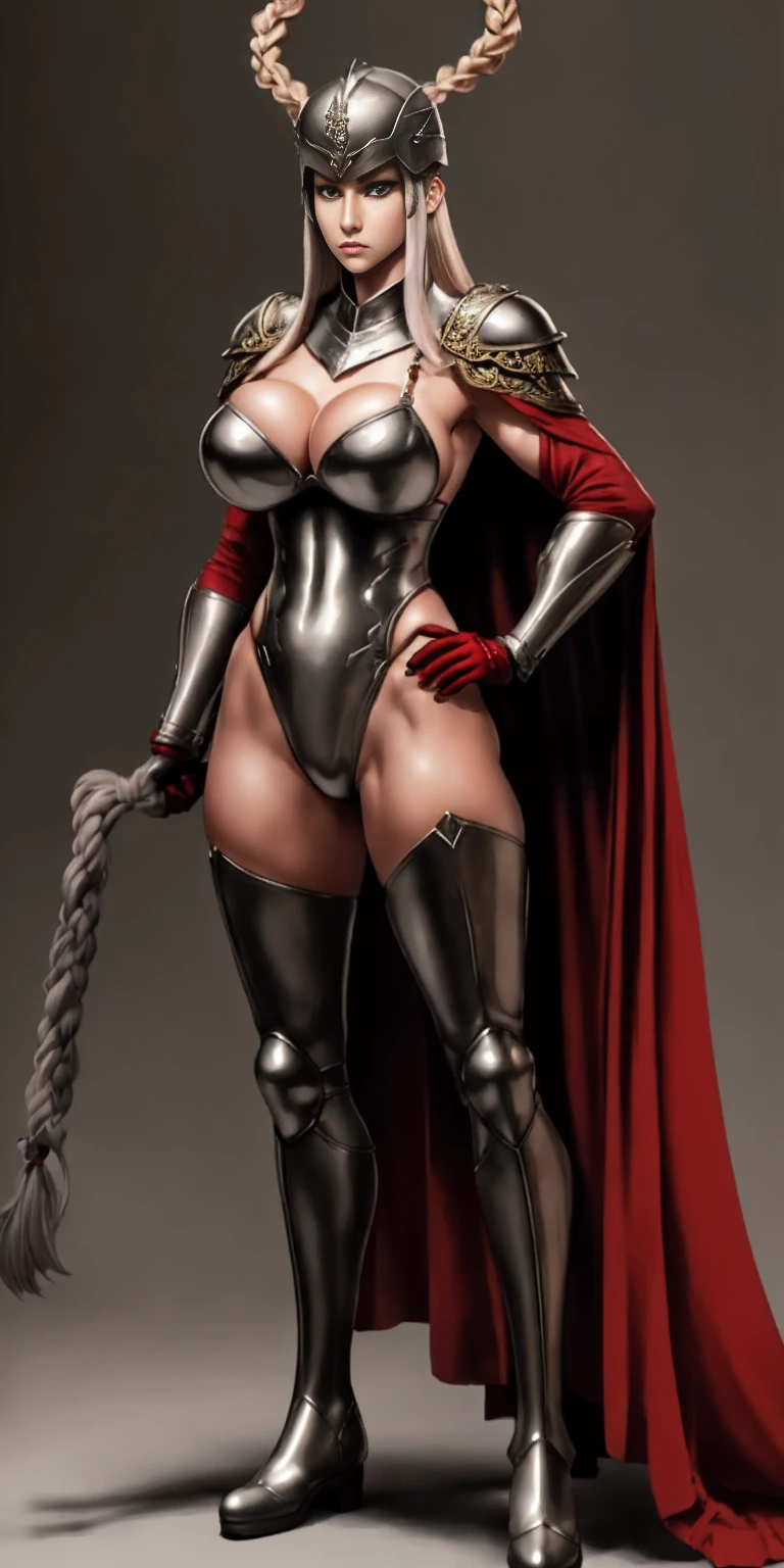 Character: Gender: Female Age: Mature (combines "veteran warrior" and "milf") Body type: Strong and athletic Skin: Very pale Hair: (details missing from prompt, can be added later) Attire: Armor: Full body, heavy armor (preferably red accents) Clothing: Red cape Adventurer's outfit (suggests practicality and readiness for exploration) Brown leather boots Pose: Full body standing Straight posture Symmetrical (implies a confident and imposing stance) Additional Notes: Avoid overly sexualized terms ("bimbo") Consider replacing "milf" with a descriptor that emphasizes experience, like "seasoned warrior" Optional details you can add: Hair color and style (e.g., long flowing braid, short and practical) Specific details about the armor (e.g., decorated breastplate, ornate helmet) Facial expression (e.g., determined, stoic)