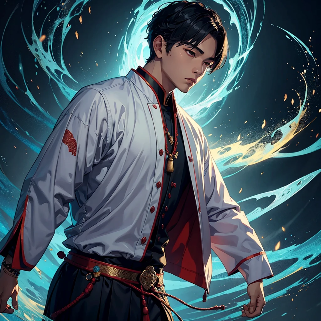 a young man in traditional asian clothing praying, detailed facial features, detailed clothing, detailed background, cinematic lighting, dramatic atmosphere, fantasy, muted color palette
