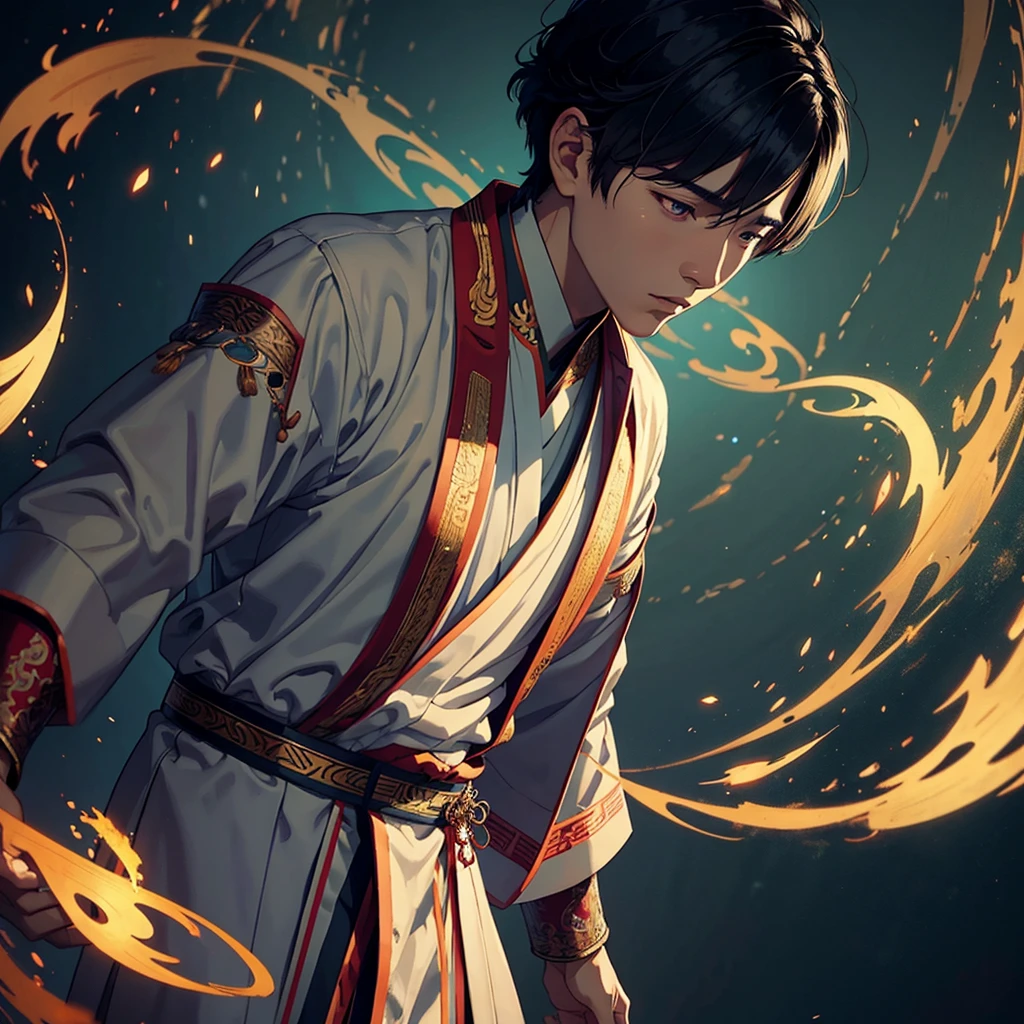 a young man in traditional asian clothing praying, detailed facial features, detailed clothing, detailed background, cinematic lighting, dramatic atmosphere, fantasy, muted color palette