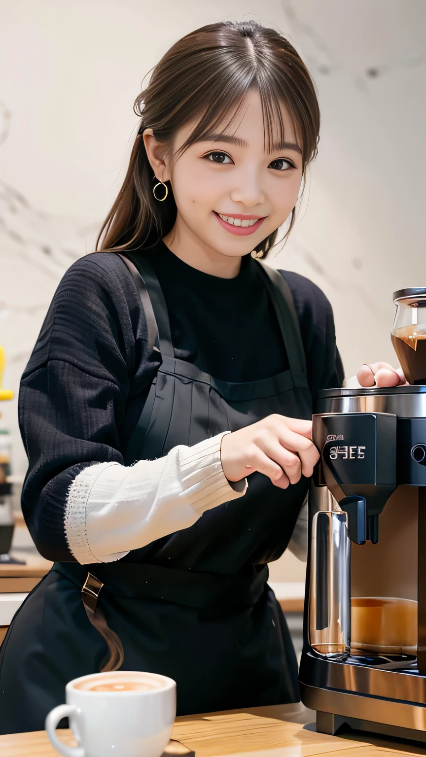Japanese ID ,((cute ,:1.2)),(8K, RAW Photos, Very detailedな, Highest quality:1.2), (Realistic, Photorealistic:1.4), (Very detailed, Ultra-high resolution ,beautiful, Tabletop:1.2), ,Very detailed顔と目,Shiny skin,(Upper Body:1.Professional Lighting,Soft Light, Sharp focus, Written boundary depth,ponytail,smile ,Earrings, (sweater :1.3),Bokeh,( A modern, minimalist cafe with white walls and sleek black furniture, wall abstract art, A barista expertly brews coffee behind a shiny espresso machine. :1.3)