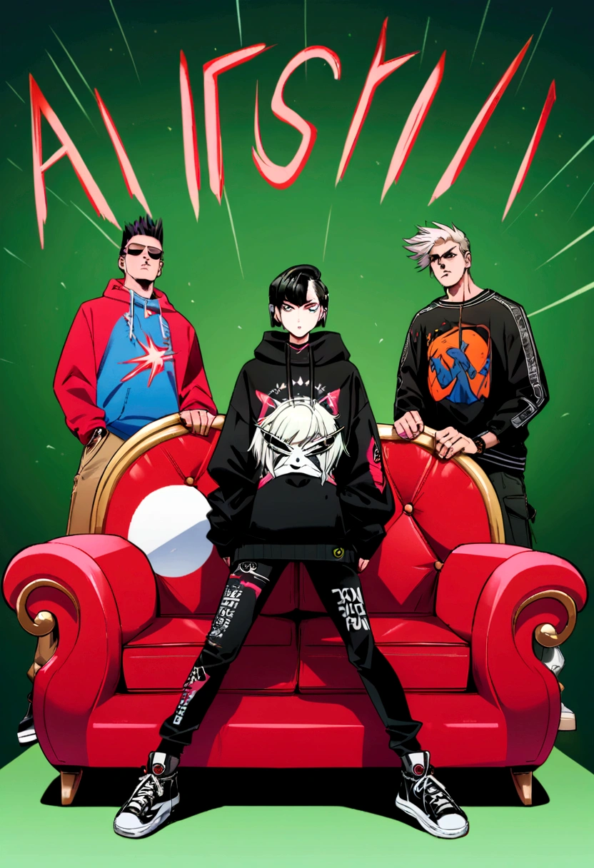 three men and a woman in front of a red sofa, promotional photo shoot, official store photo, Dramatic humor, band, atitude punk, deviantarz, very dramatic, band promo, epic, wearing a sweatshirt, a scooter ( edm band, vestindo roupas pretas, full body in shot, promo image, extremely graphic, serious composure