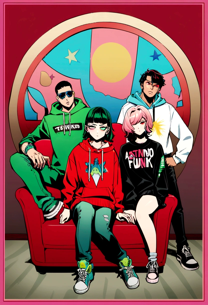 three men and a woman in front of a red sofa, promotional photo shoot, official store photo, Dramatic humor, band, atitude punk, deviantarz, very dramatic, band promo, epic, wearing a sweatshirt, a scooter ( edm band, vestindo roupas pretas, full body in shot, promo image, extremely graphic, serious composure
