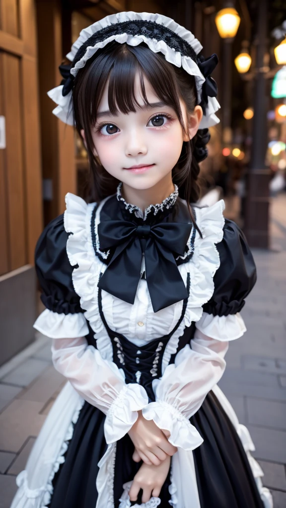 1girl, , Famous idol, 1cute girl, very young face, masterpiece, high quality, small face, （very small tits:1.8）Gothic lolita fashityle, dramatic angle:1.4, Stroll around town,half smile:0.5, 