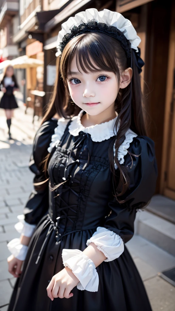 1girl, , Famous idol, 1cute girl, very young face, masterpiece, high quality, small face, （very small tits:1.8）Gothic lolita fashion style, dramatic angle:1.4, Stroll around town,half smile:0.5, 