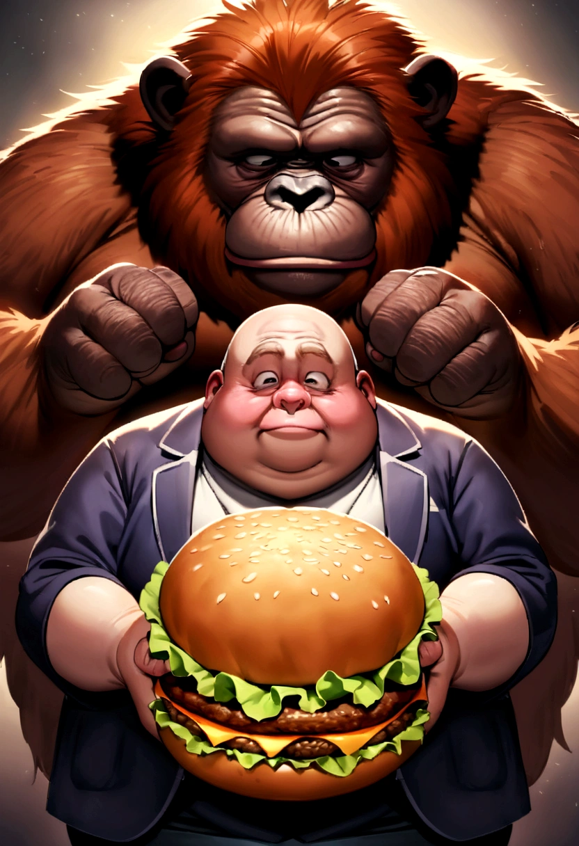 Obese man, pale, with hair similar to the ??? balderrama, hidden in the dark, next to a hidden orangutan, full of fecal matter and the lilac promo in his hands (hamburger)