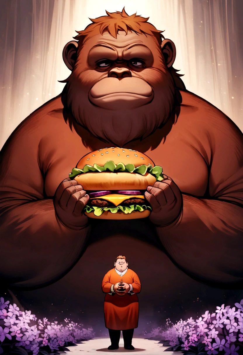Obese man, pale, with hair similar to the kid balderrama, hidden in the dark, next to a hidden orangutan, full of fecal matter and the lilac promo in his hands (hamburger)