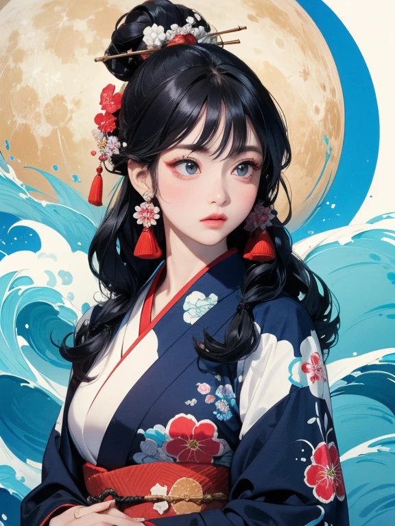 (Highest quality、masterpiece、High resolution、8K)、Ukiyo-e、Vibrant colors、Katsushika Hokusai、1 female、Black hair Japanese topknot、The kimono has a vivid floral pattern on a white background.、Official Art、背景はUkiyo-e風、White waves and Mt. Fuji、Flowers and Moon、White waves and the moon