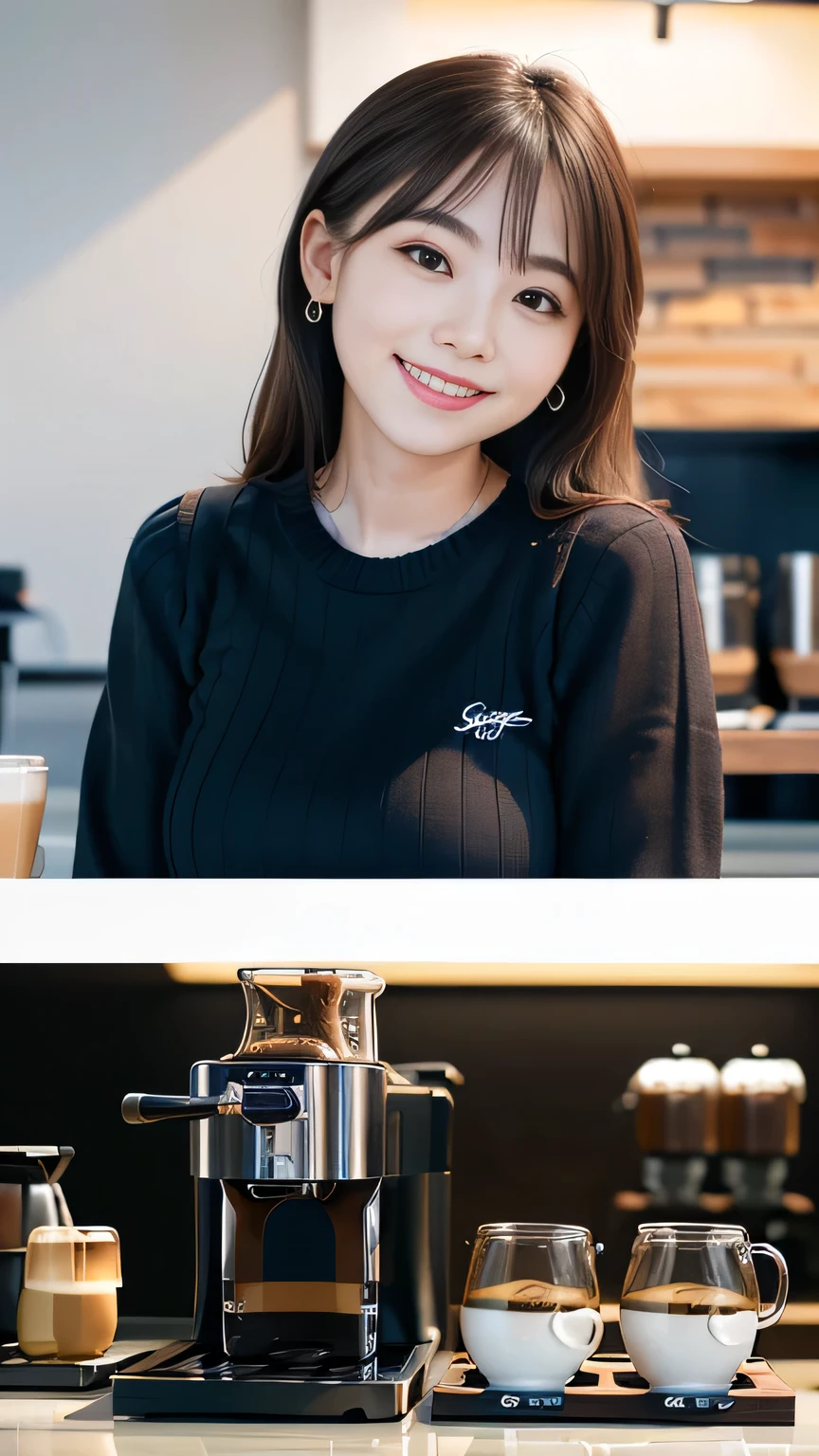 Japanese ID ,((cute ,Baby Face:1.2)),(8K, RAW Photos, Very detailedな, Highest quality:1.2), (Realistic, Photorealistic:1.4), (Very detailed, Ultra-high resolution ,beautiful, Tabletop:1.2), ,Very detailed顔と目,Shiny skin,(Upper Body:1.Professional Lighting,Soft Light, Sharp focus, Written boundary depth,ponytail,smile ,Earrings, (sweater :1.3),Bokeh,( A modern, minimalist cafe with white walls and sleek black furniture, wall abstract art, A barista expertly brews coffee behind a shiny espresso machine. :1.3)