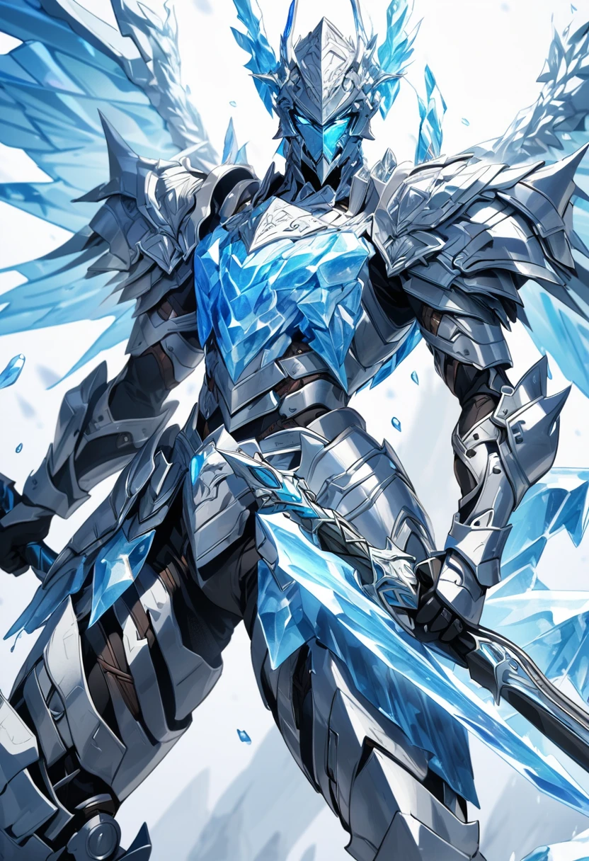 an extremely detailed 4k of a warrior clad in metal armor made of ice with wings made of ice as well, wielding a blue ice steel swords