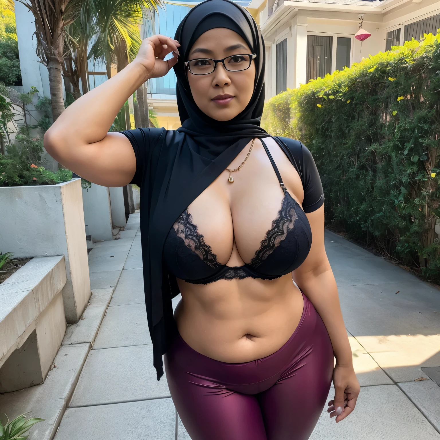 55 Years old, ((Nerd Indonesian mature woman)), wearing Wide Hijab, (PAWG : 1.2), (BBW : 1.2), Oily White Like Porcelain Skin, perfect Six pack abs : 1.3, natural Massive Extra Huge breast : 156.9, (Black Sensual Lipstick), gorgeous eyes, Soft smile, wear a red lace bra and a tight transparent Yoga Pants, necklace, Alluring Face, Erotic pose, DayTime walk, City garden, Excellent lighting, Light colors, Clean lines