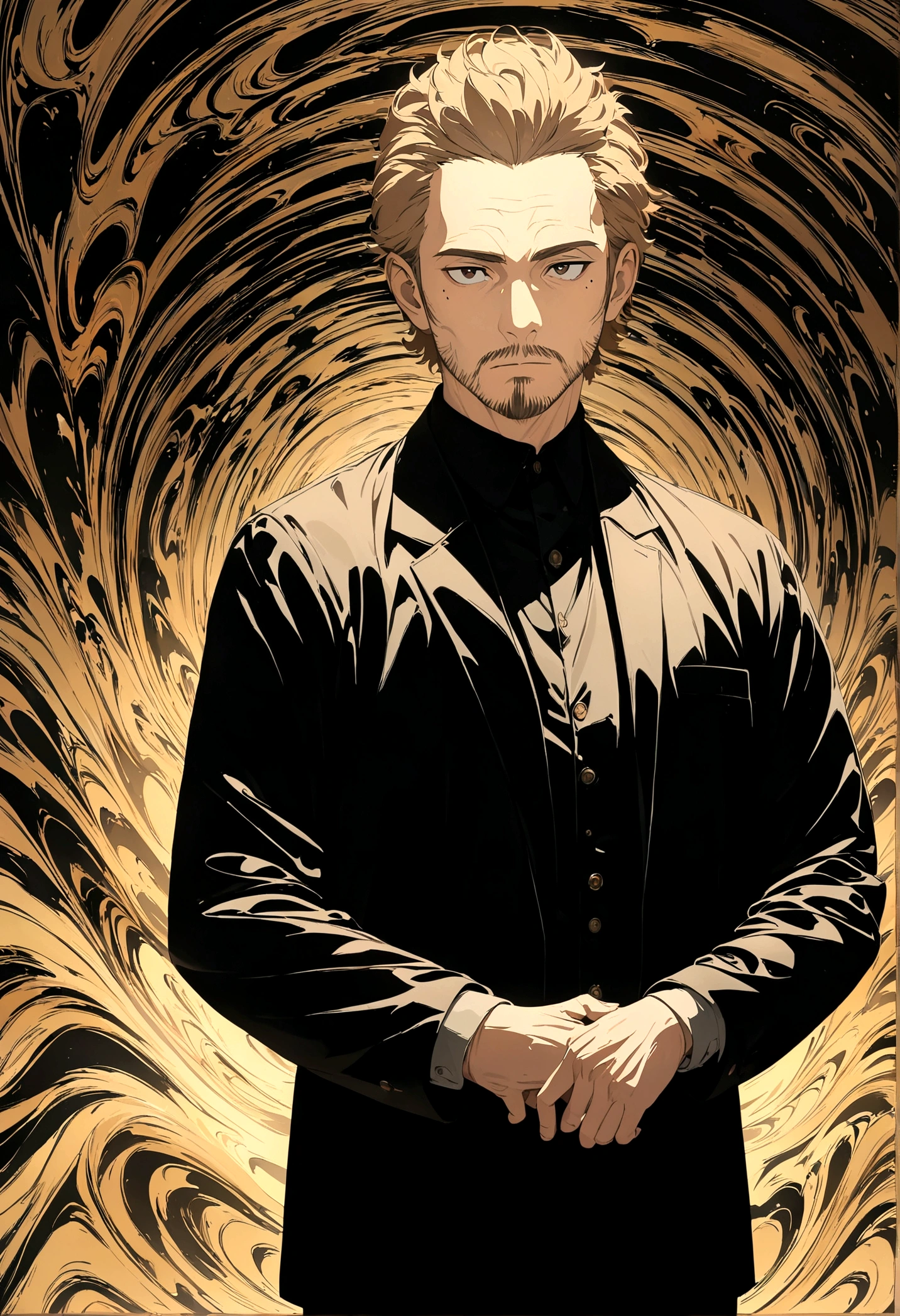 middle-aged man, short hair, estilo anime, light brown hair, mole under eye, facial hair, forehead, cowboy shot, Conceptual art, Op art, anime, masterpiece, accurate, 1080P, 4K